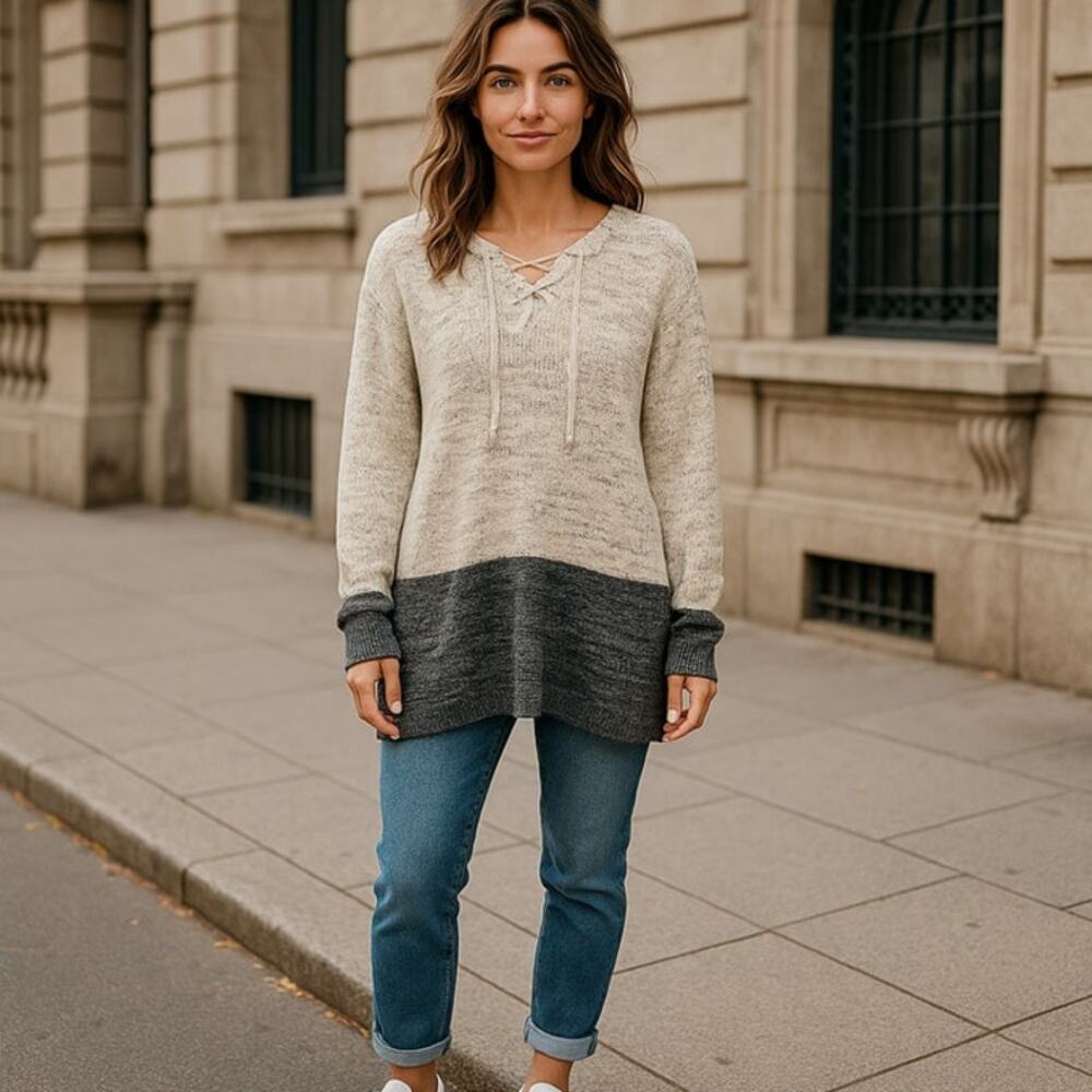 Style & Co. Lace up Front Boho Retreat Knit Sweater Size M